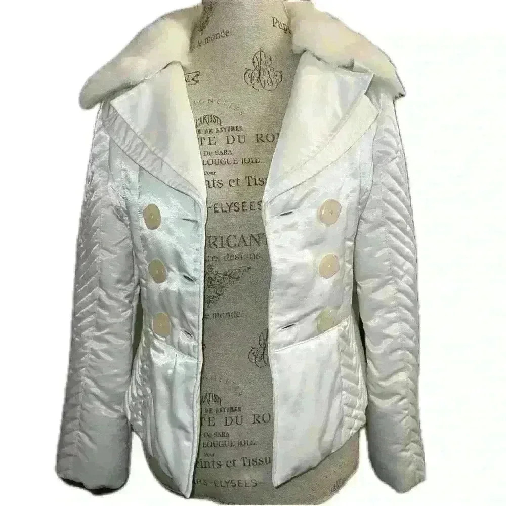 Vintage Bebe Satin white puffer corset jacket with a rabbit fur collar